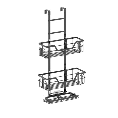 Black three tier over door shower caddy with baskets and hooks