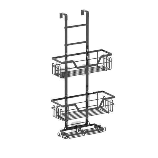 Black three tier over door shower caddy with baskets and hooks