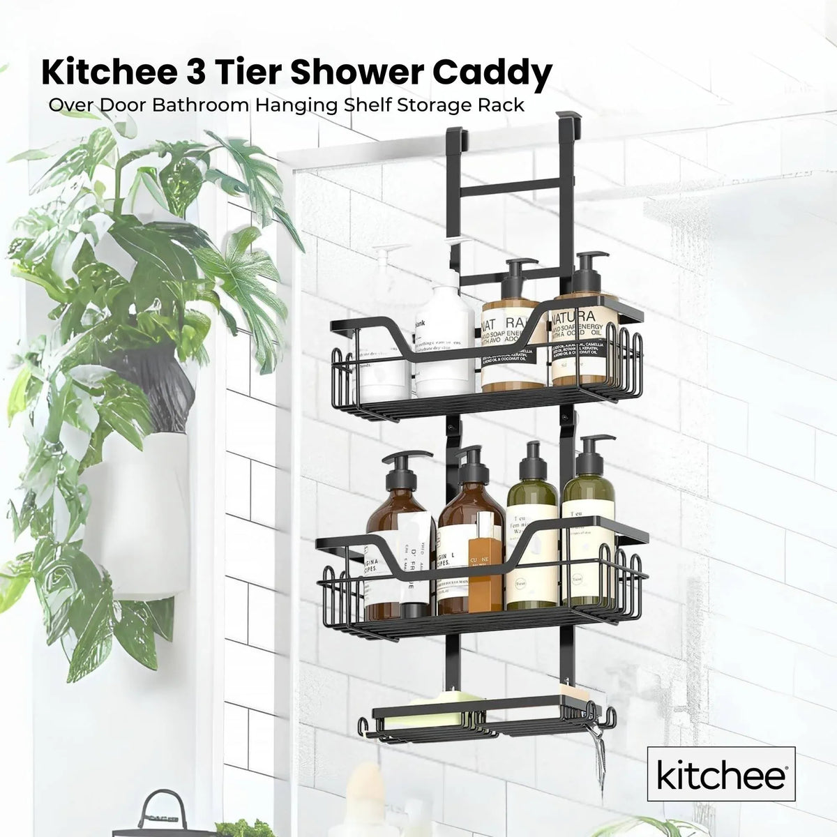 Black three tier over door shower caddy with baskets and hooks