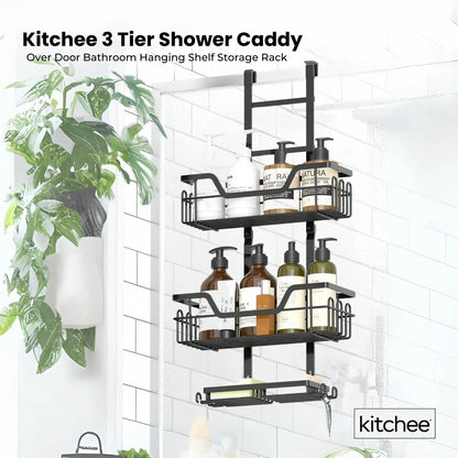 Black three tier over door shower caddy with baskets and hooks