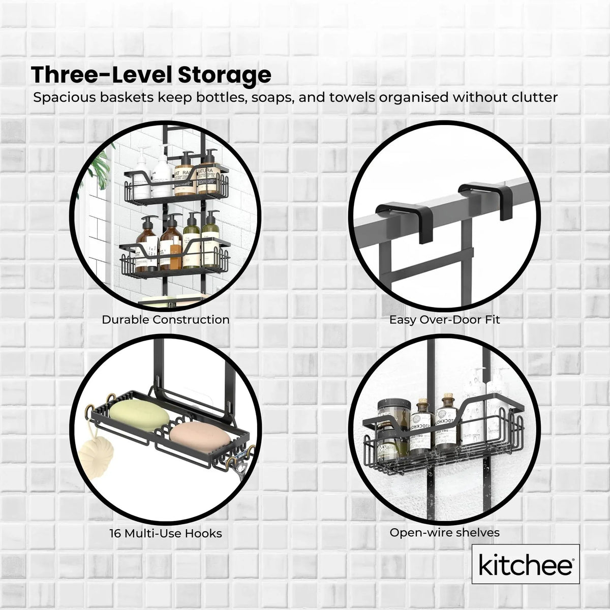 Black three tier over door shower caddy with baskets and hooks