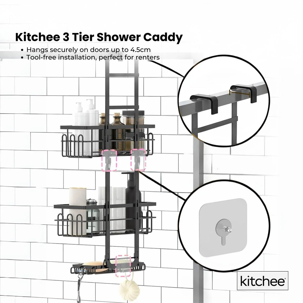 Black three tier over door shower caddy with baskets and hooks