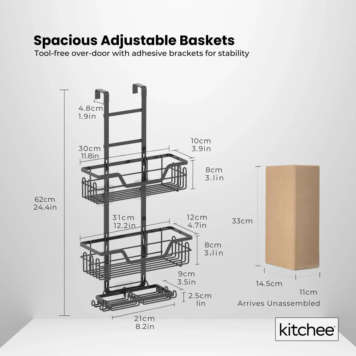 Black three tier over door shower caddy with baskets and hooks