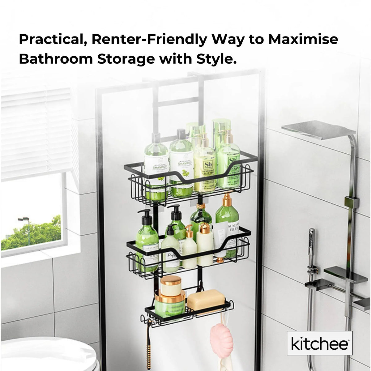 Black three tier over door shower caddy with baskets and hooks