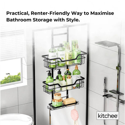 Black three tier over door shower caddy with baskets and hooks