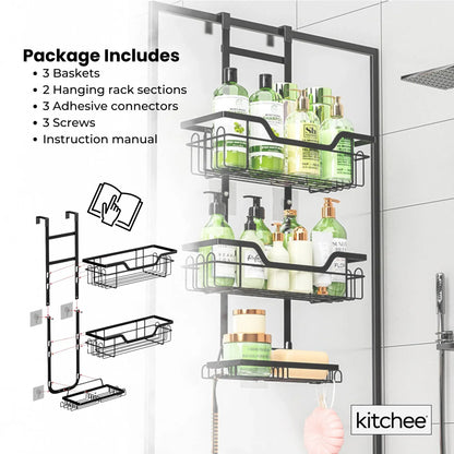 Black three tier over door shower caddy with baskets and hooks