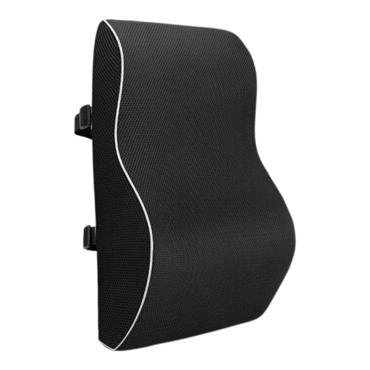 Black memory foam lumbar support cushion with dual straps and contoured back support