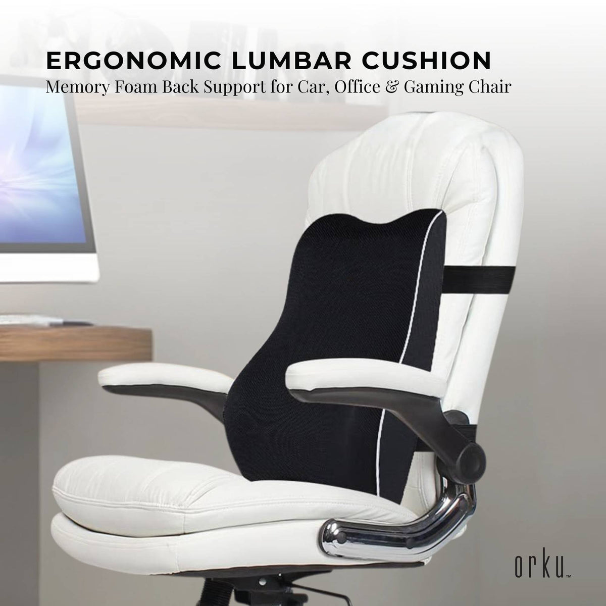 Black memory foam lumbar support cushion with dual straps and contoured back support
