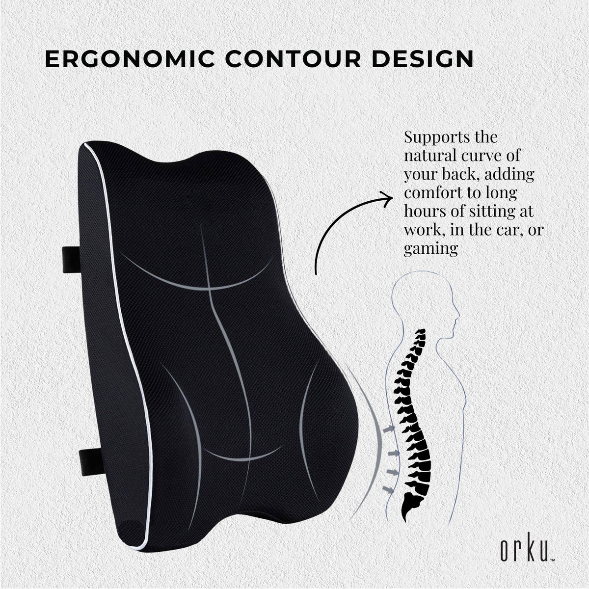 Black memory foam lumbar support cushion with dual straps and contoured back support