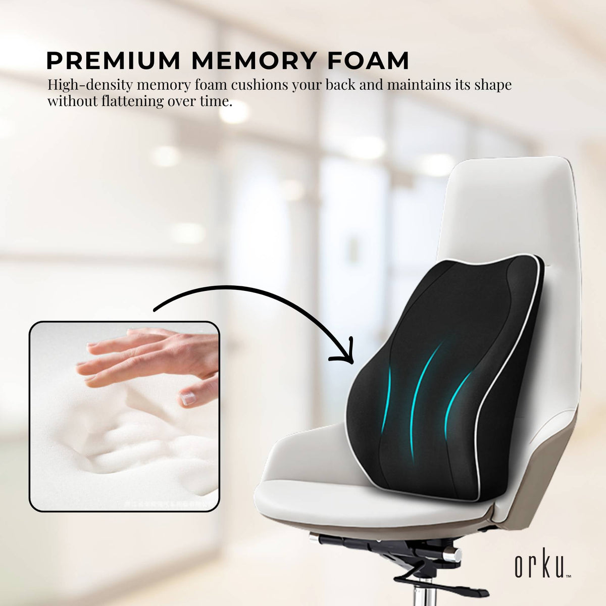 Black memory foam lumbar support cushion with dual straps and contoured back support