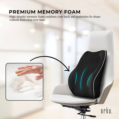 Black memory foam lumbar support cushion with dual straps and contoured back support