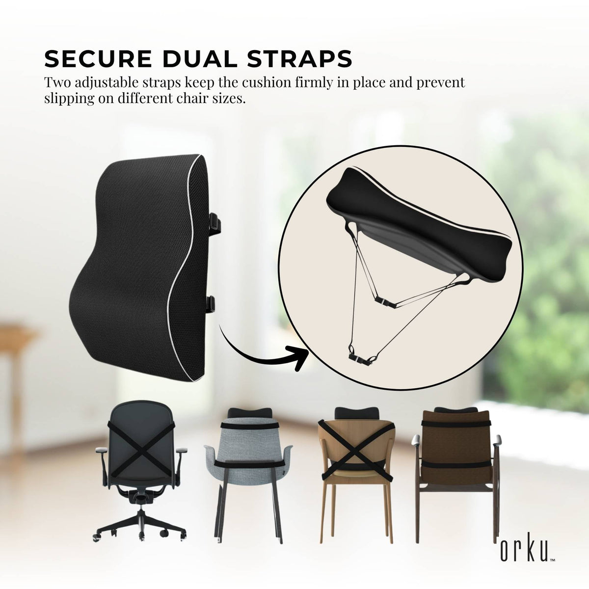 Black memory foam lumbar support cushion with dual straps and contoured back support