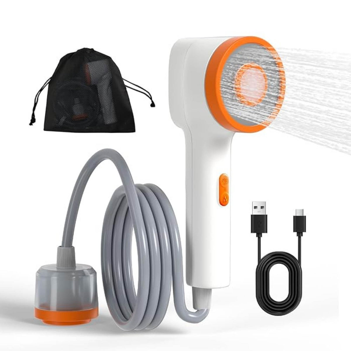 Portable camping shower pump with hose, nozzle, hanging hook and built-in LED light