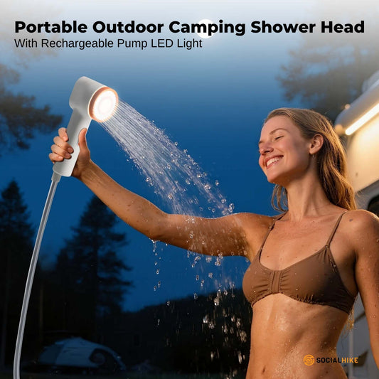 Portable camping shower pump with hose, nozzle, hanging hook and built-in LED light