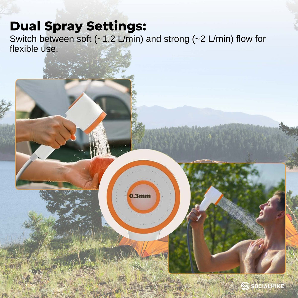 Portable camping shower pump with hose, nozzle, hanging hook and built-in LED light