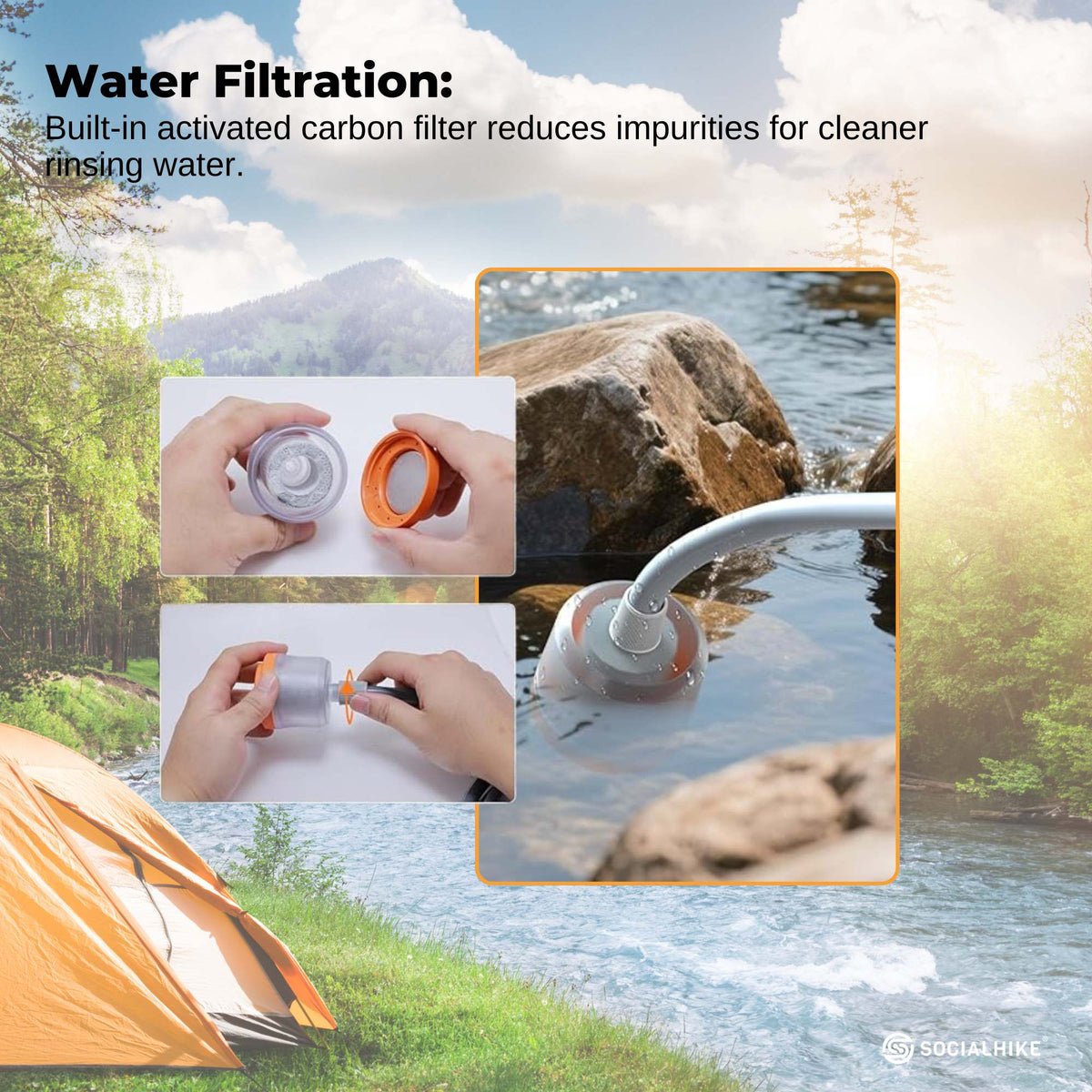Portable camping shower pump with hose, nozzle, hanging hook and built-in LED light