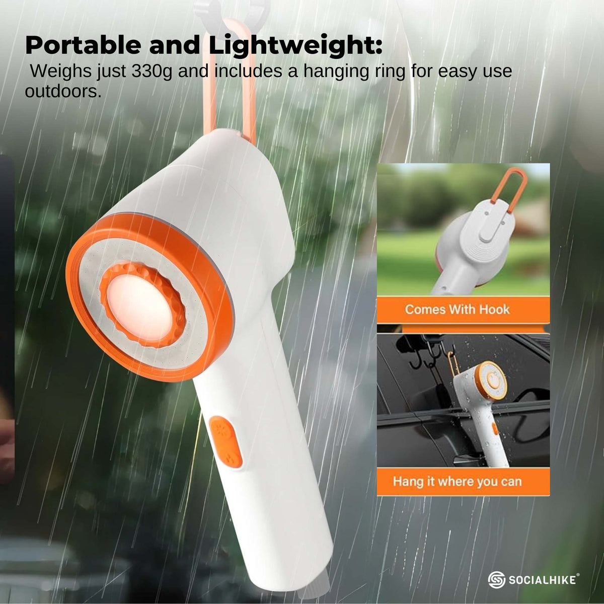 Portable camping shower pump with hose, nozzle, hanging hook and built-in LED light
