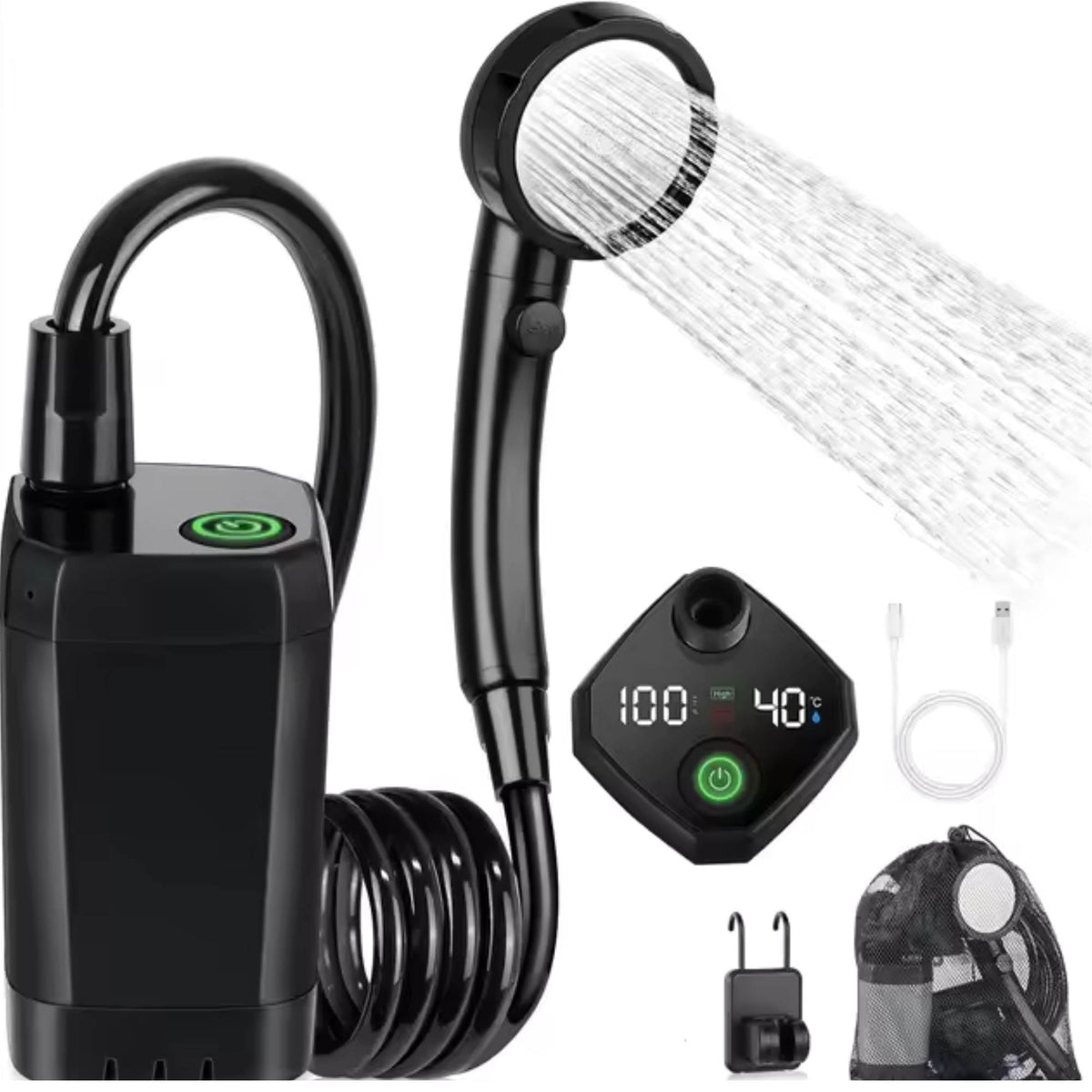 Black portable rechargeable camping shower kit with hose, shower head and LED display