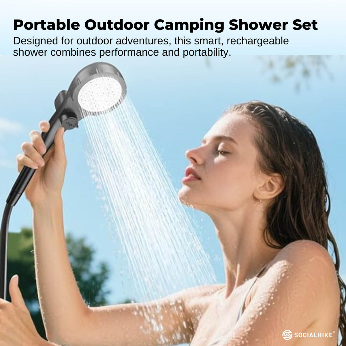Black portable rechargeable camping shower kit with hose, shower head and LED display