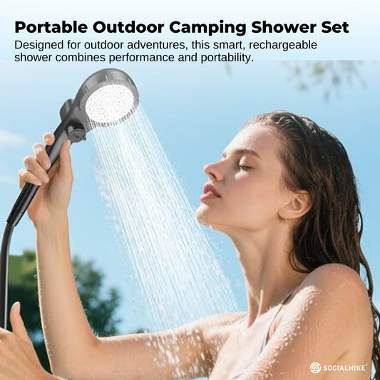 Black portable rechargeable camping shower kit with hose, shower head and LED display