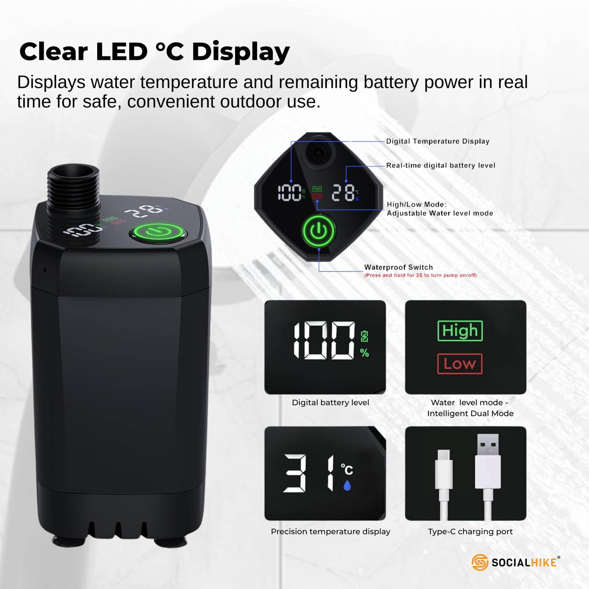 Black portable rechargeable camping shower kit with hose, shower head and LED display