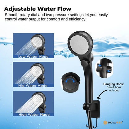 Black portable rechargeable camping shower kit with hose, shower head and LED display
