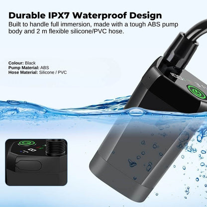 Black portable rechargeable camping shower kit with hose, shower head and LED display