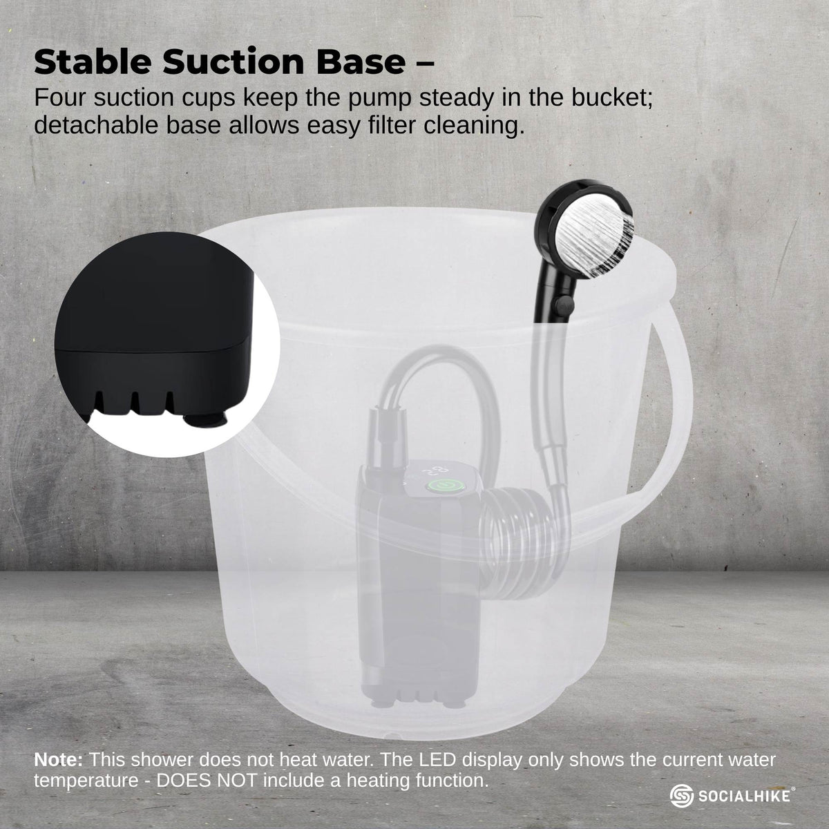 Black portable rechargeable camping shower kit with hose, shower head and LED display