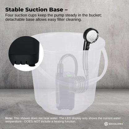 Black portable rechargeable camping shower kit with hose, shower head and LED display