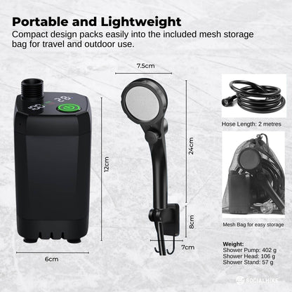 Black portable rechargeable camping shower kit with hose, shower head and LED display