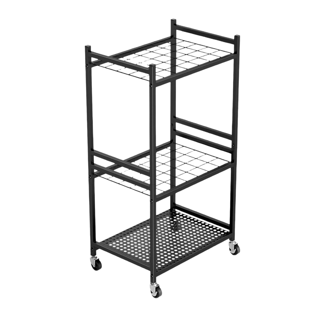 Black carbon steel garden tool organiser trolley with wheels, hooks and upright storage grids