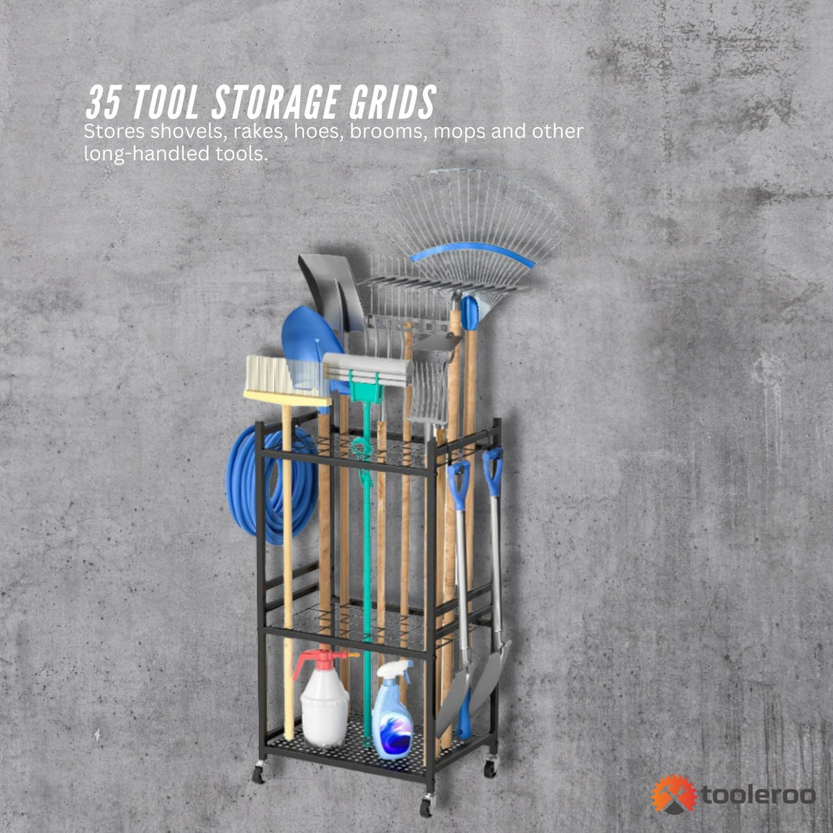 Black carbon steel garden tool organiser trolley with wheels, hooks and upright storage grids