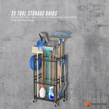Black carbon steel garden tool organiser trolley with wheels, hooks and upright storage grids