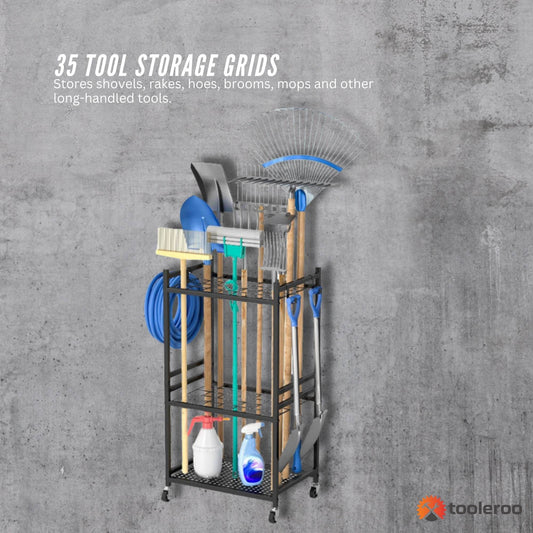 Black carbon steel garden tool organiser trolley with wheels, hooks and upright storage grids