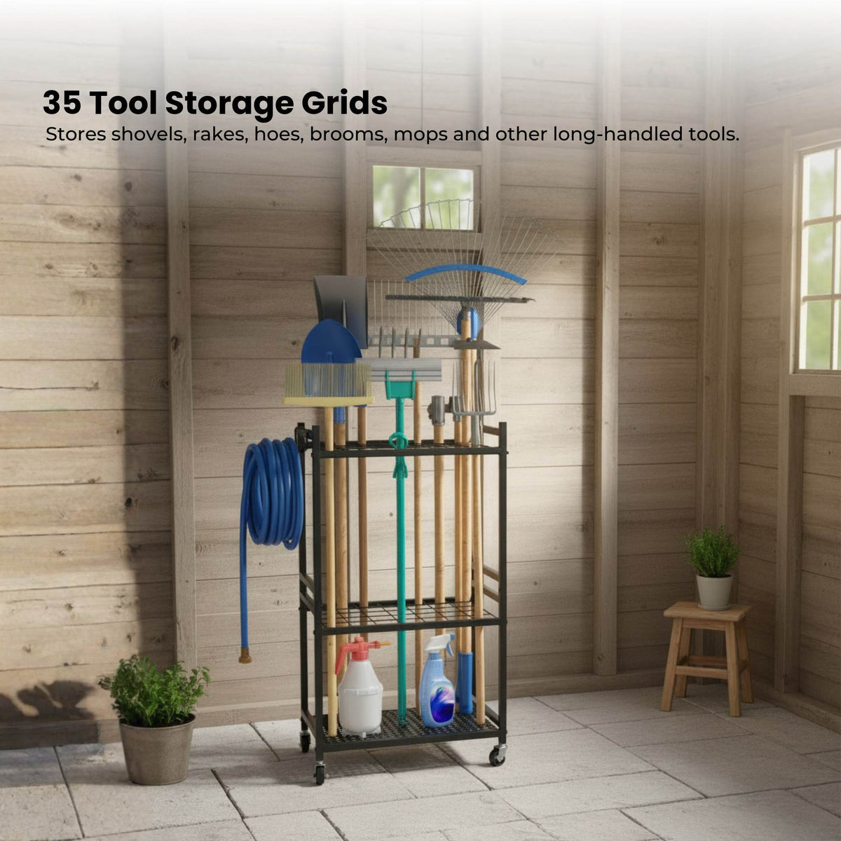 Black carbon steel garden tool organiser trolley with wheels, hooks and upright storage grids