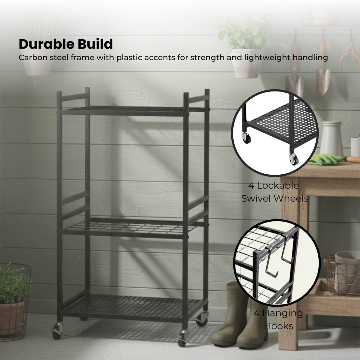 Black carbon steel garden tool organiser trolley with wheels, hooks and upright storage grids