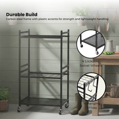 Black carbon steel garden tool organiser trolley with wheels, hooks and upright storage grids