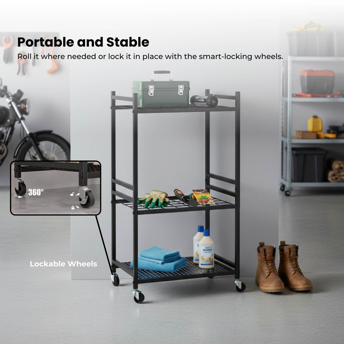 Black carbon steel garden tool organiser trolley with wheels, hooks and upright storage grids