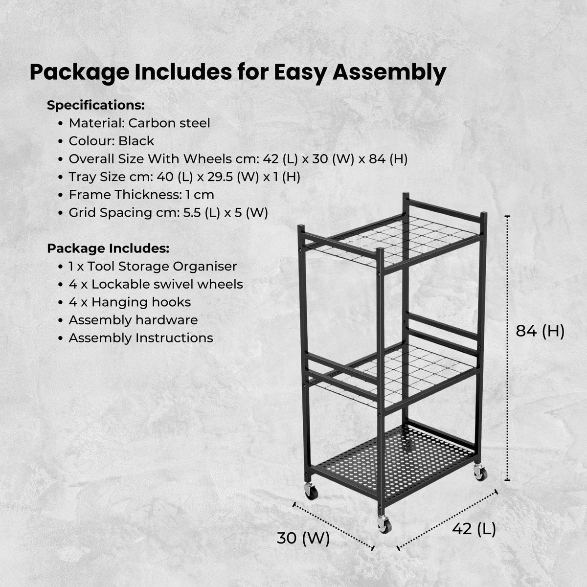Black carbon steel garden tool organiser trolley with wheels, hooks and upright storage grids