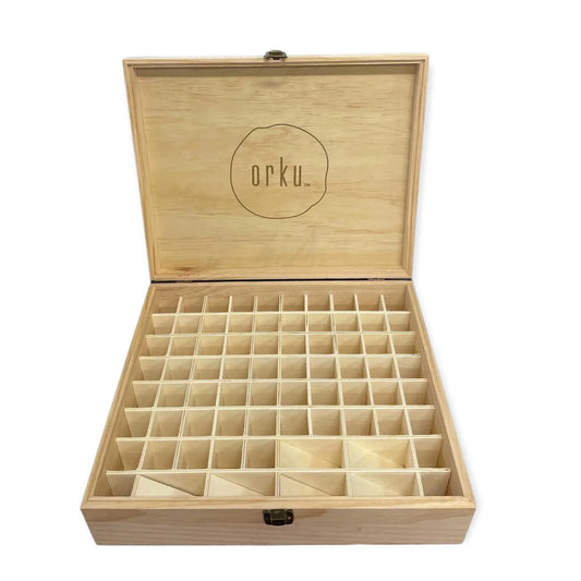 Natural pine wooden essential oil storage box with 74 slots and snap buckle closure