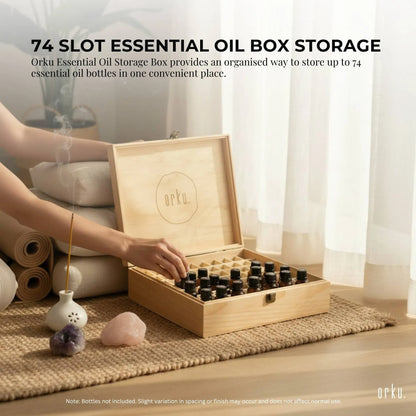 Natural pine wooden essential oil storage box with 74 slots and snap buckle closure