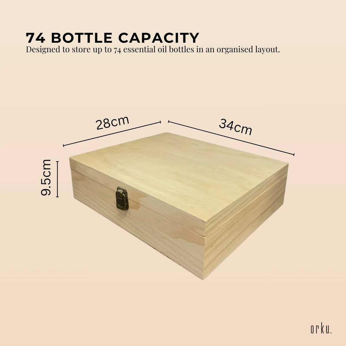 Natural pine wooden essential oil storage box with 74 slots and snap buckle closure