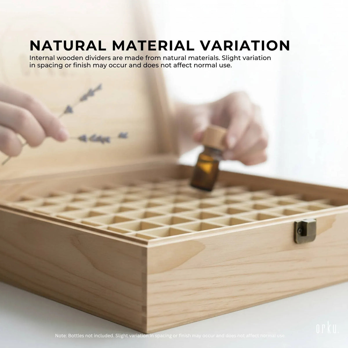 Natural pine wooden essential oil storage box with 74 slots and snap buckle closure