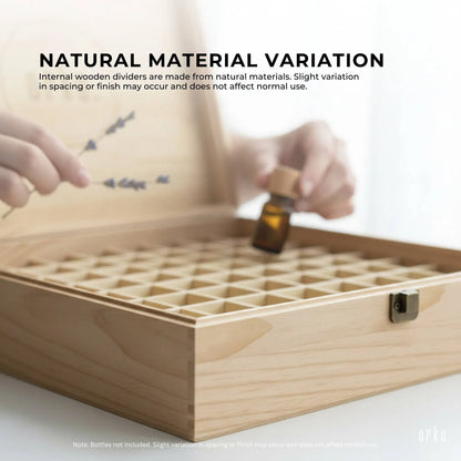 Natural pine wooden essential oil storage box with 74 slots and snap buckle closure