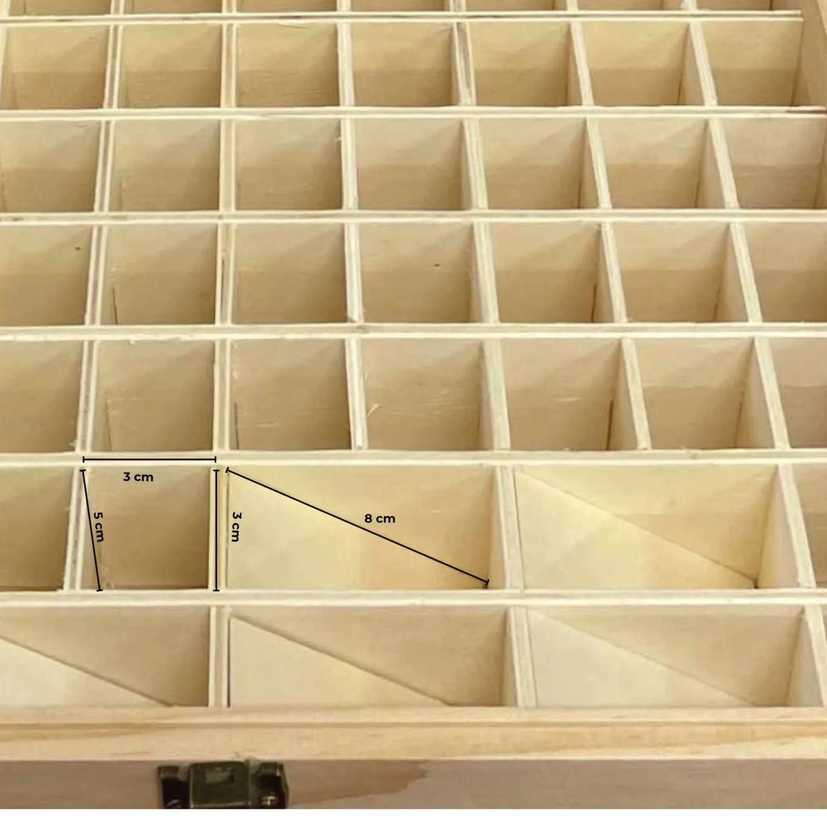 Natural pine wooden essential oil storage box with 74 slots and snap buckle closure
