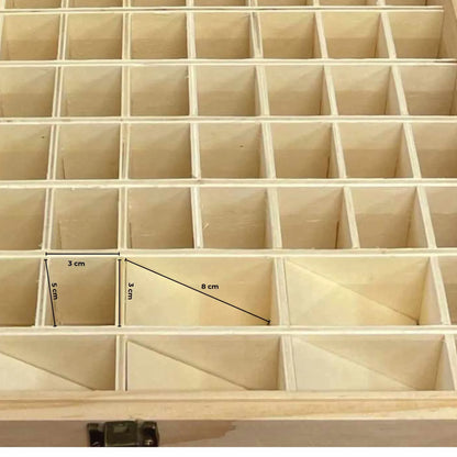 Natural pine wooden essential oil storage box with 74 slots and snap buckle closure