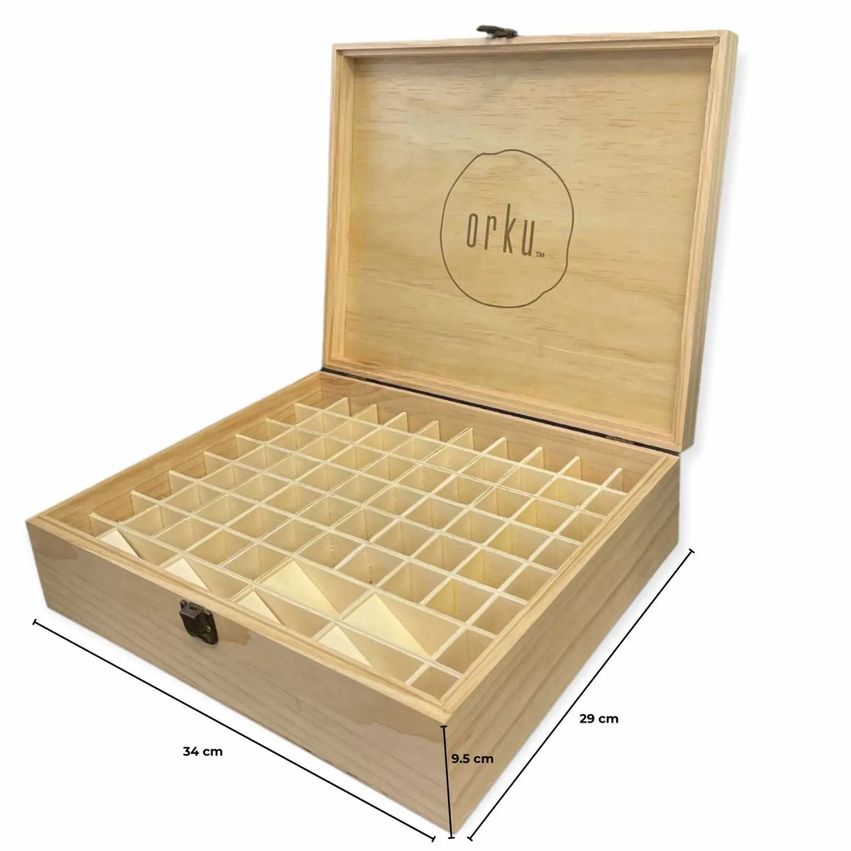 Natural pine wooden essential oil storage box with 74 slots and snap buckle closure