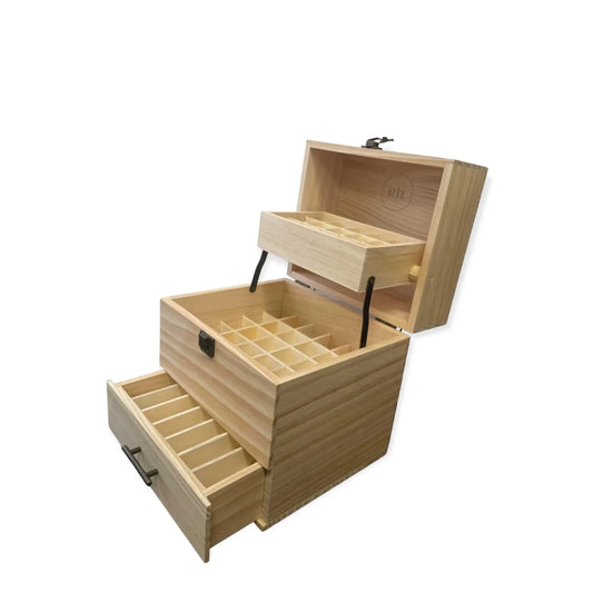 Natural pine wooden essential oil storage box with 59 slots and drawer