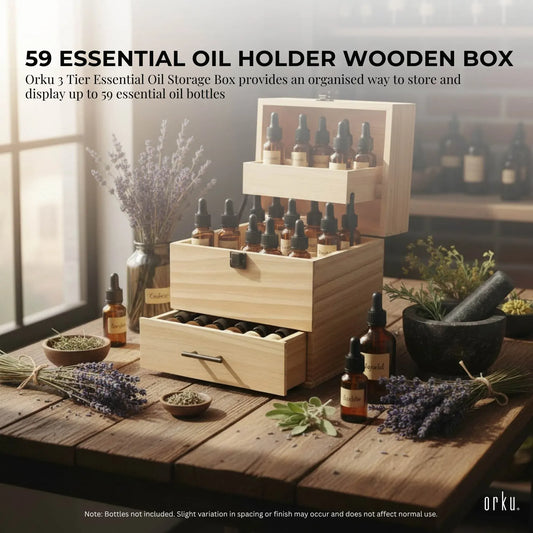 Natural pine wooden essential oil storage box with 59 slots and drawer