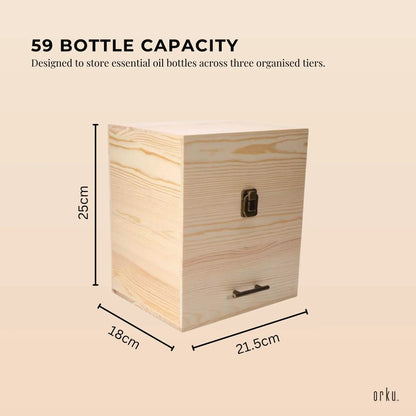 Natural pine wooden essential oil storage box with 59 slots and drawer